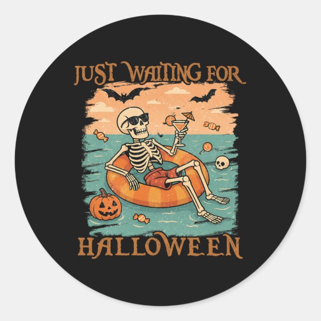 Funny Summerween Skeleton Floating In Flamingo Cut Classic Round Sticker (Front)
