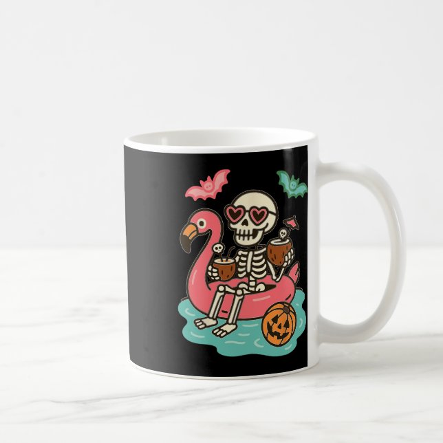 Funny Summerween Skeleton Floating In Flamingo Cut Coffee Mug (Right)