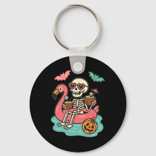 Funny Summerween Skeleton Floating In Flamingo Cut Key Ring