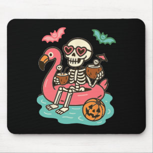 Funny Summerween Skeleton Floating In Flamingo Cut Mouse Pad