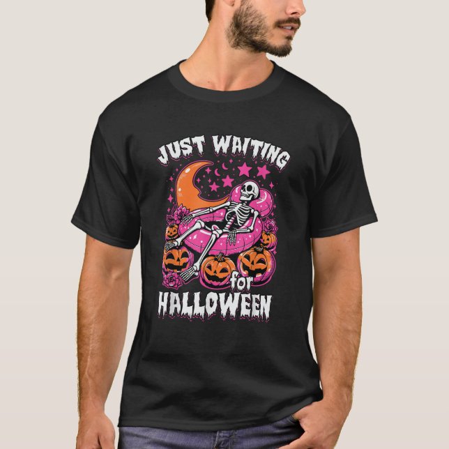 Funny Summerween Skeleton Just Waiting For Hallowe T-Shirt (Front)