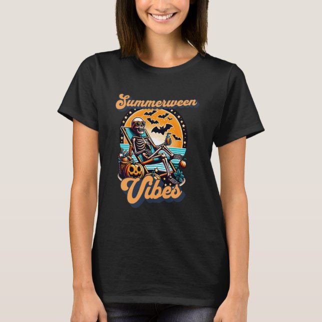 Funny Summerween Vibes Summer Skeleton Beach Chill T-Shirt (Front)