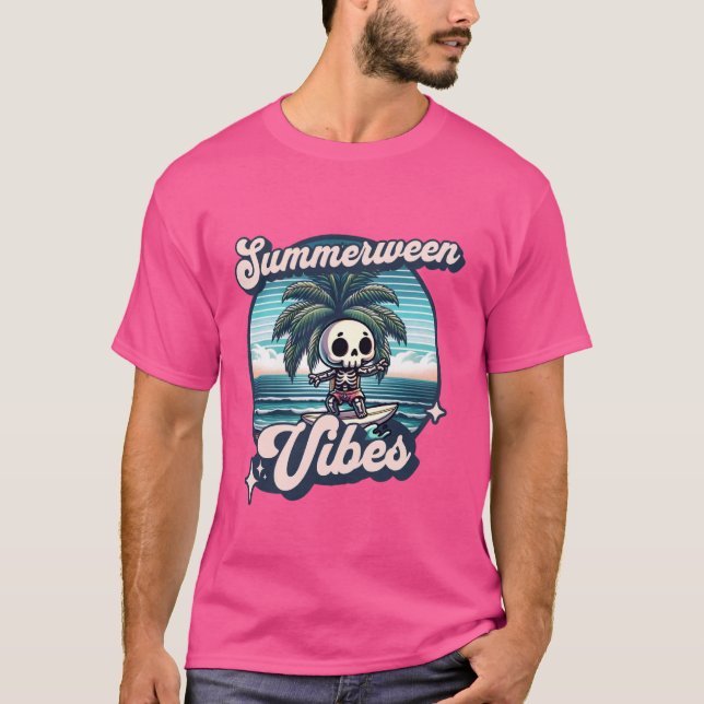 Funny Summerween Vibes Summer Vacation Skeleton Su T-Shirt (Front)