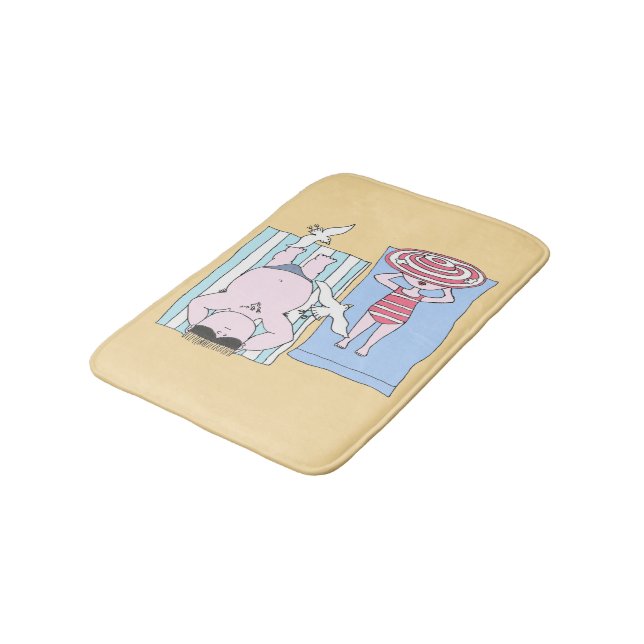 Funny Sunbathing Couple Cartoon Seaside Art Bath Mat (Angled)