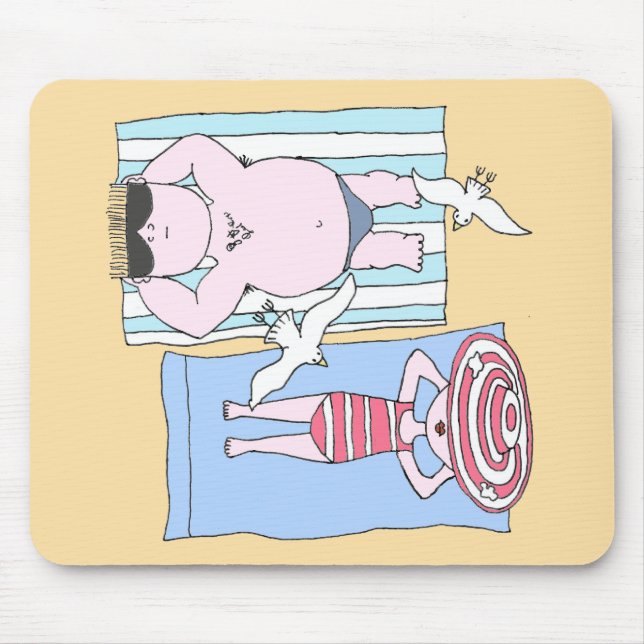 Funny Sunbathing Couple Cartoon Seaside Art Mouse Pad (Front)