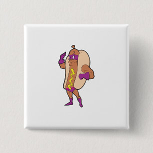 funny super hero hot dog character 15 cm square badge