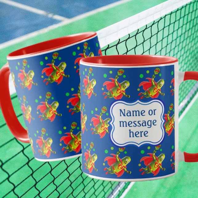 Funny Super Pickleman on Blue Personalised Mug (Super Pickle People fly around this cute funny mug, personalize with name or message!)