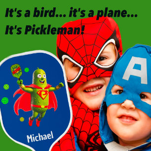 Funny Super Pickleman on Blue Personalised Pickleball Paddle