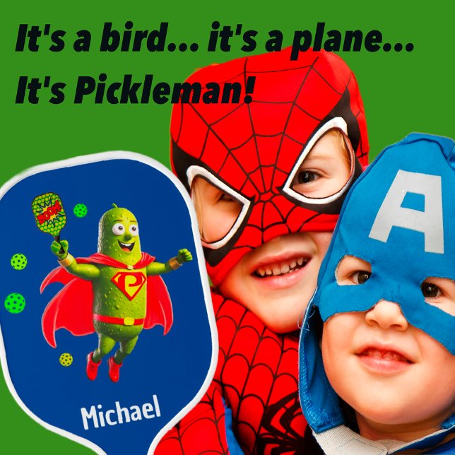 Funny Super Pickleman on Blue Personalised Pickleball Paddle (It's Super Pickleman! Fun and Humorous Design for all ages, especially our younger players!)