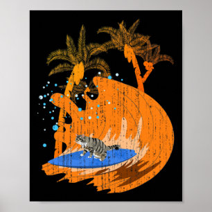 Funny Surfer Animal Cat Surfboard Ocean Sport Wave Poster