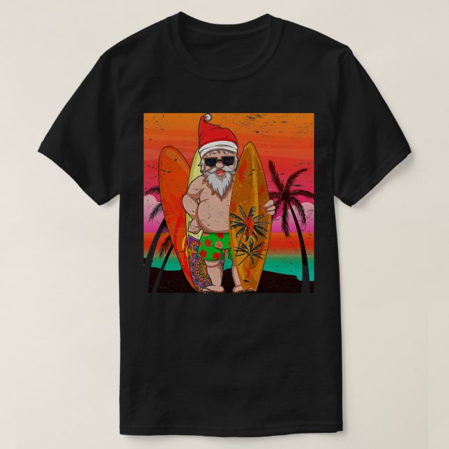 Funny Surfer Santa Claus Summer Sunset Christmas I T-Shirt (Design Front)
