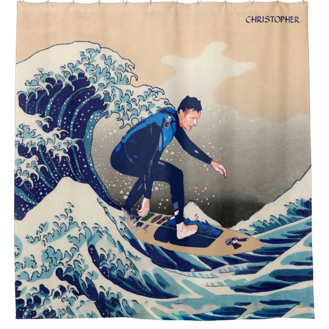 Funny Surfer Surfing On The Hokusai Great Wave Shower Curtain (Front)
