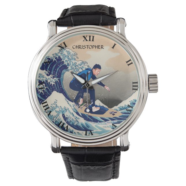 Funny Surfer Surfing On The Hokusai Great Wave Watch (Front)