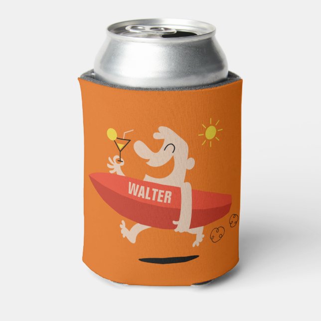 Funny Surfer with Cocktail custom name can cooler (Can Back)