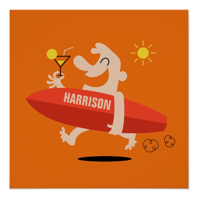 Funny Surfer with Cocktail custom name poster (Front)