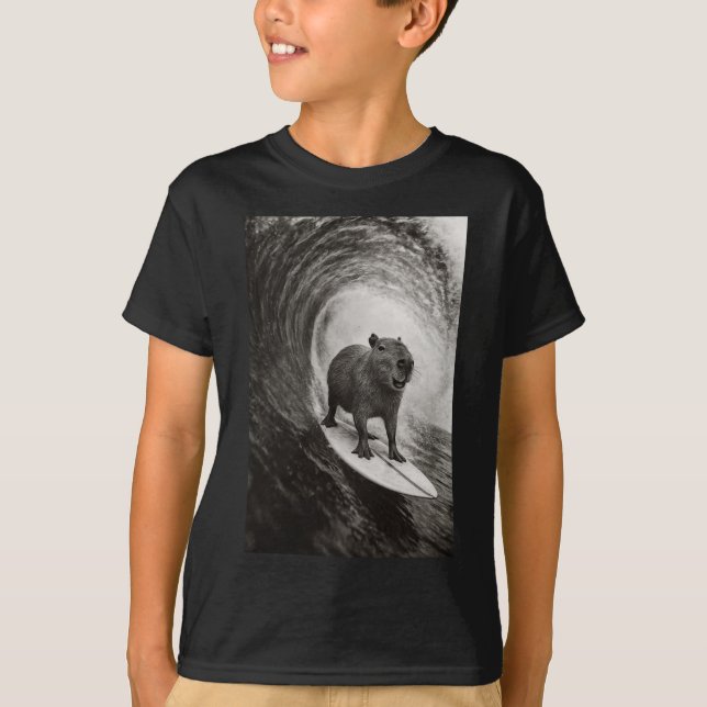 Funny Surfing Capyra Selfie On Surfboard Beach Ani T-Shirt (Front)
