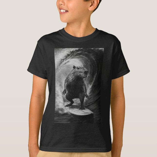 Funny Surfing Capyra Selfie Surfboard Beach Animal T-Shirt (Front)
