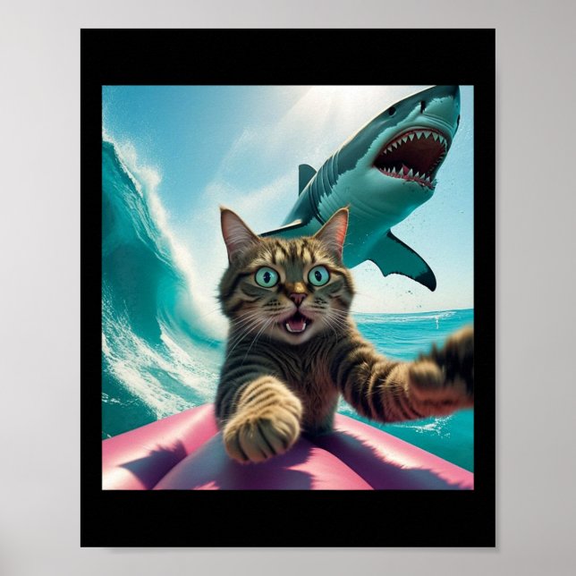 Funny Surfing Cat Selfie With Shark Meme _1  Poster (Front)
