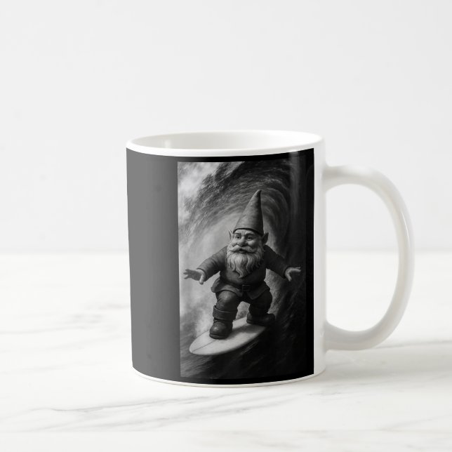Funny surfing gnome selfie on surfboard beach coffee mug (Right)