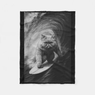 Funny Surfing Persian Cat Selfie On Surfboard Beac Fleece Blanket