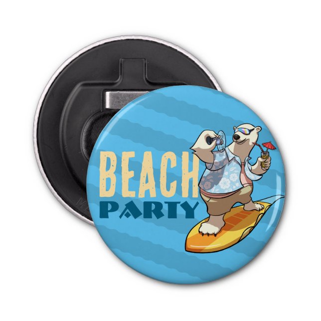 Funny Surfing Polar Bear Beach Party Cartoon Bottle Opener (Front)
