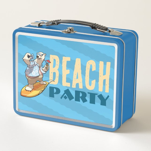 Funny Surfing Polar Bear Beach Party Cartoon Metal Lunch Box (Front)