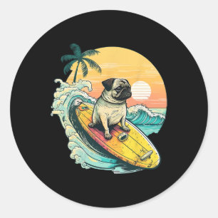Funny Surfing Pug On Beach Pet Lover Vacation Summ Classic Round Sticker