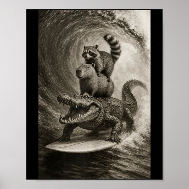 Funny Surfing Racoon Capybara Crocodile Selfie Poster (Front)