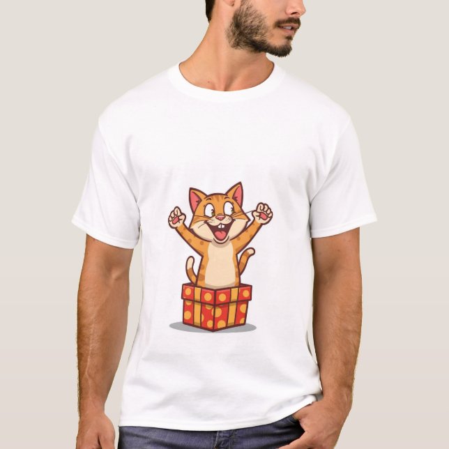 Funny Surprised Cat Jumping Out of Gift Box✨🎁 T-Shirt (Front)