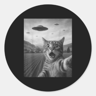 Funny Surprised Ed Cat Selfie With Alien Ufo Cat U Classic Round Sticker