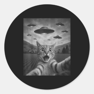 Funny Surprised Ed Cat Selfie With Alien Ufo Cat U Classic Round Sticker