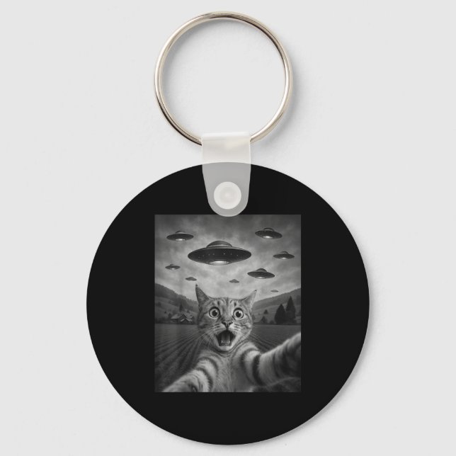 Funny Surprised Ed Cat Selfie With Alien Ufo Cat U Key Ring (Front)
