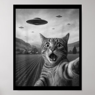Funny Surprised Ed Cat Selfie With Alien Ufo Cat U Poster