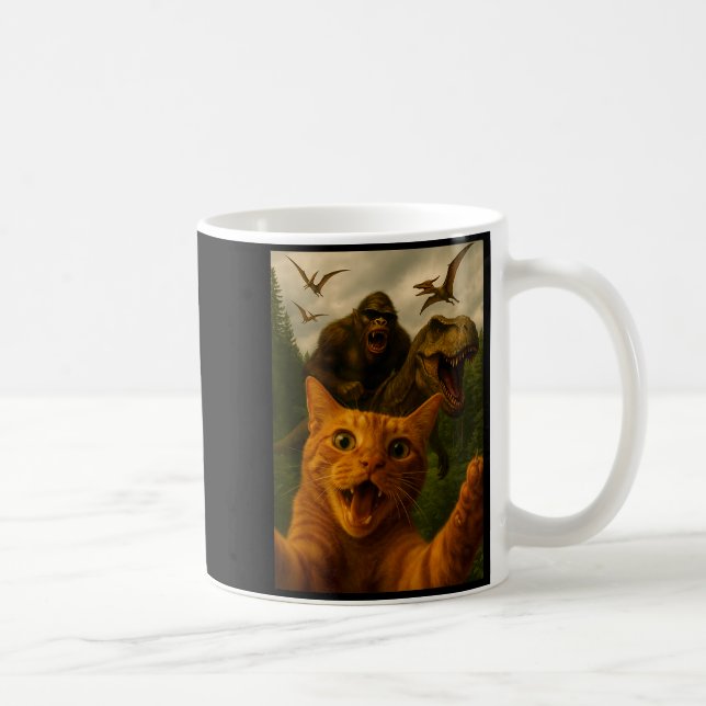 Funny Surprised Ed Cat Selfie With Bigfoot T-rex  Coffee Mug (Right)