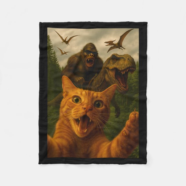 Funny Surprised Ed Cat Selfie With Bigfoot T-rex  Fleece Blanket (Front)