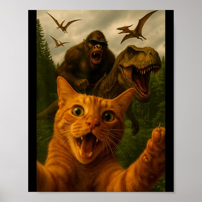 Funny Surprised Ed Cat Selfie With Bigfoot T-rex  Poster (Front)