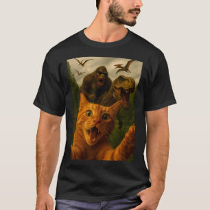 Funny Surprised Ed Cat Selfie With Bigfoot T-rex T-Shirt