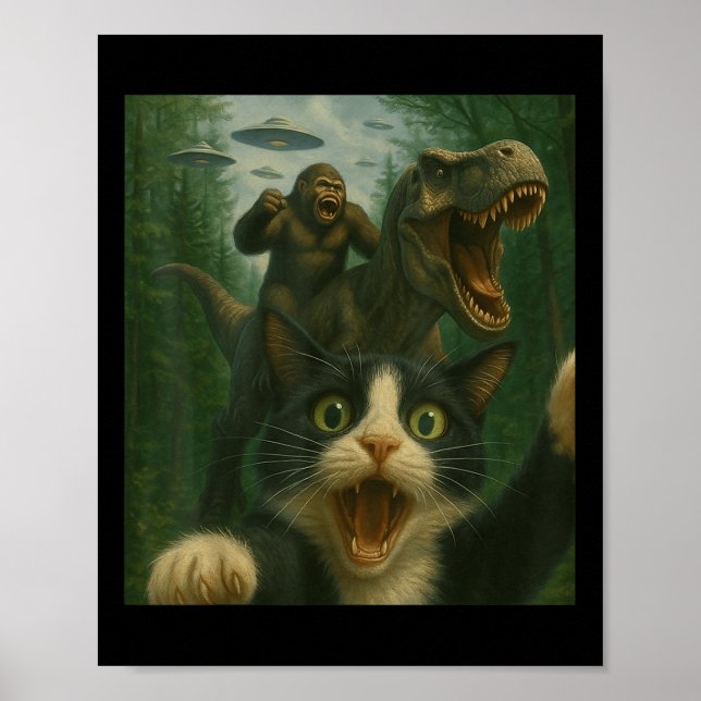 Funny Surprised Scared Cat Selfie T-rex Dinosaur B Poster (Front)
