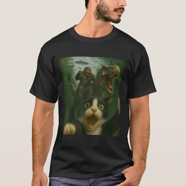 Funny Surprised Scared Cat Selfie T-rex Dinosaur B T-Shirt (Front)