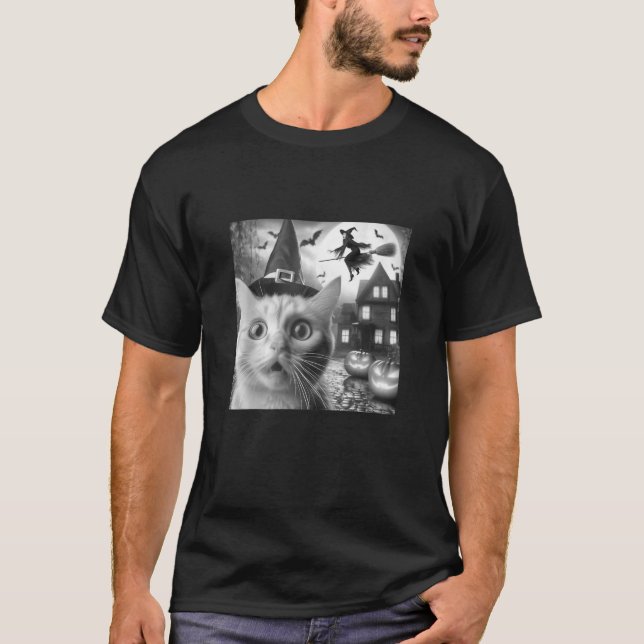 Funny Surprised Scared Cat Selfie With Witch For H T-Shirt (Front)