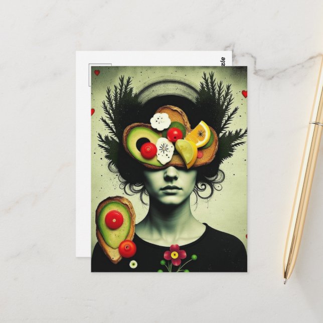 Funny Surreal Avocado Toast woman hearts flowers Postcard (Front/Back In Situ)