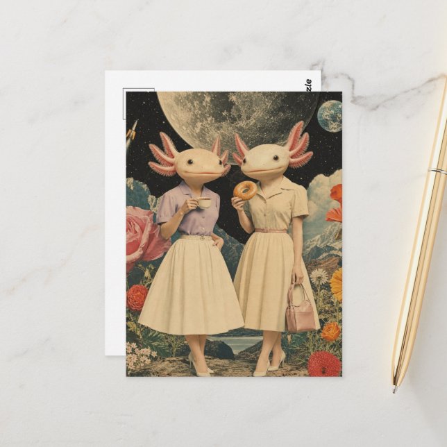 Funny Surreal pair of axolotl breakfast collage Postcard (Front/Back In Situ)