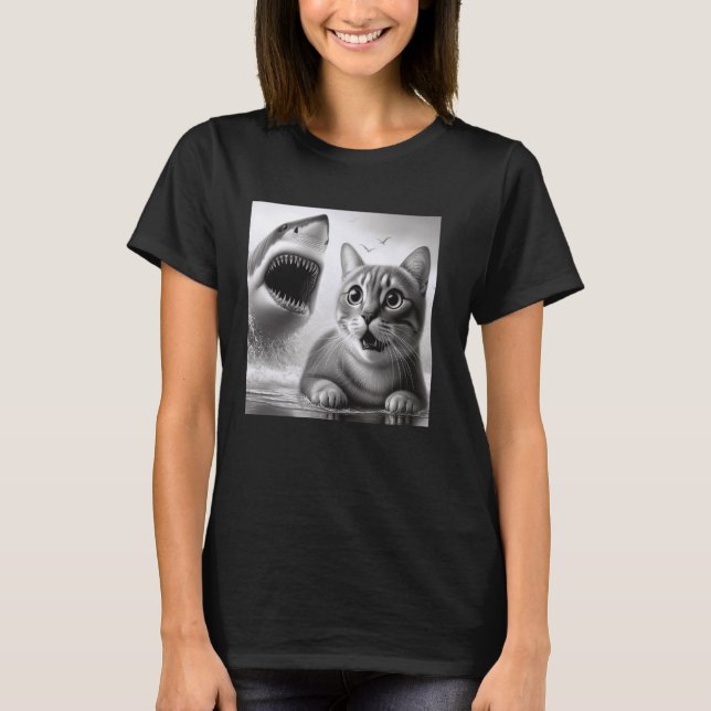 Funny Suspense Cat vs Shark - Feline Fear Kitty Ca T-Shirt (Front)