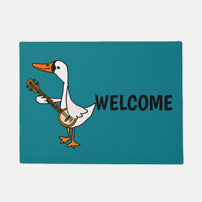 Funny Swan Playing Banjo Cartoon Doormat (Front)