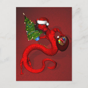 Funny Sweet Red Santa Dragon Holiday Postcard