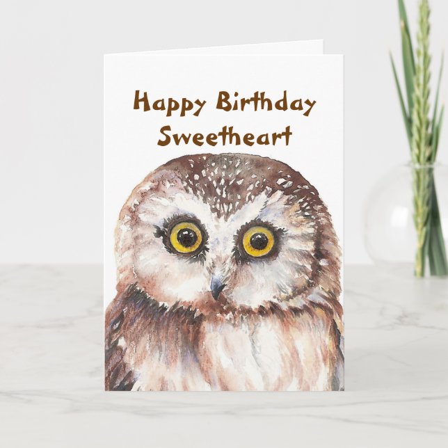 Funny Sweetheart Birthday with Cute Watercolor Owl Card (Front)
