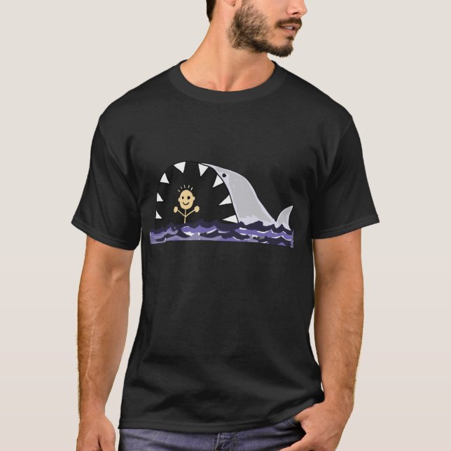 Funny Swimmer Surprised by Shark Cartoon T-Shirt (Front)