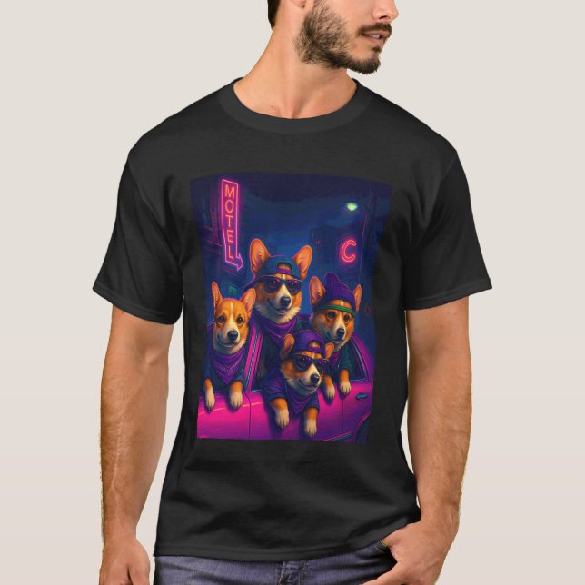 Funny Synthwave Welsh Corgi Street Crew T-Shirt (Front)