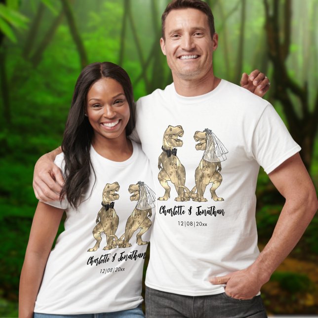 Funny T-Rex Bride & Groom Dinosaur Wedding T-Shirt (Dinosaur wedding T-Rex bride and groom tshirts keepsakes or for bridesmaids or groomsmen)