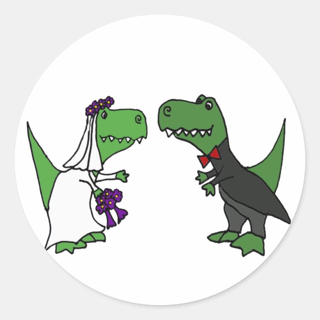 Funny T-rex Dinosaur Bride and Groom Wedding Art Classic Round Sticker (Front)